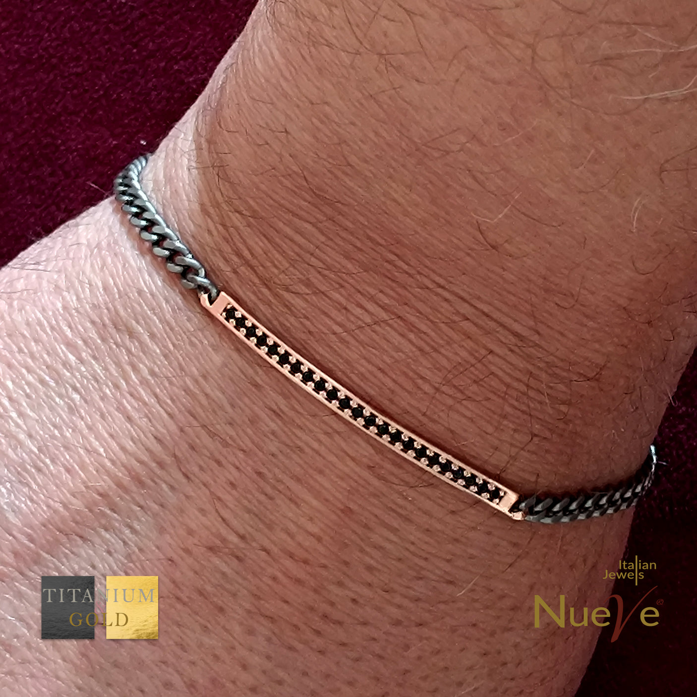 Bracciale Titanio e Oro 9 kt con diamanti neri - NUEVE GIOIELLI