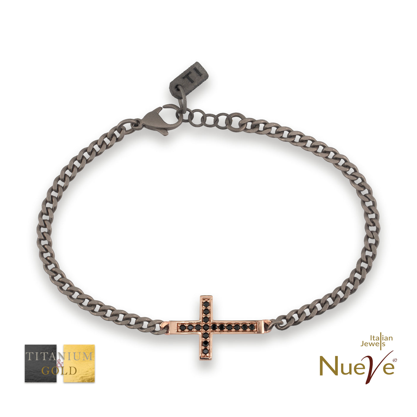 Bracciale Titanio e Oro 9 kt con diamanti neri "CROCE" - NUEVE GIOIELLI