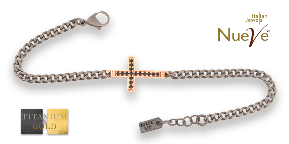 Bracciale Titanio e Oro 9 kt con diamanti neri "CROCE" - NUEVE GIOIELLI