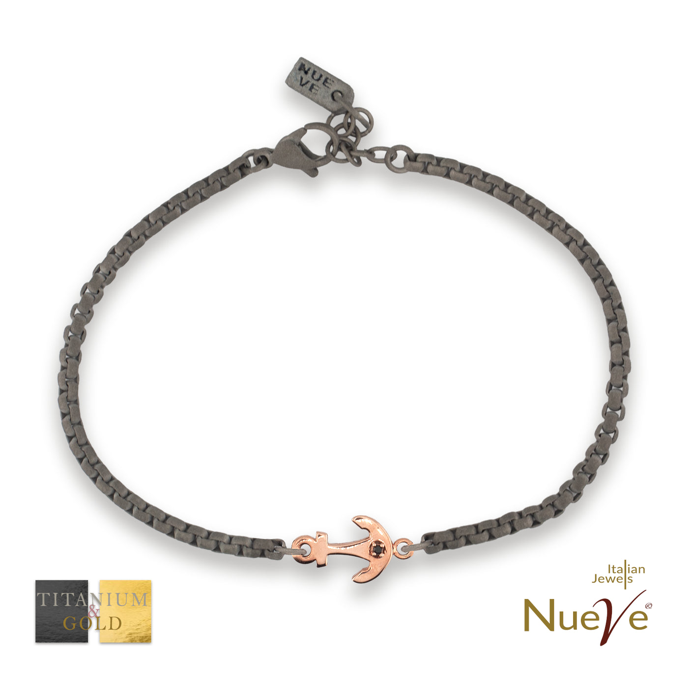 Bracciale Titanio e Oro 9 kt con diamanti neri * Ancora * - NUEVE GIOIELLI
