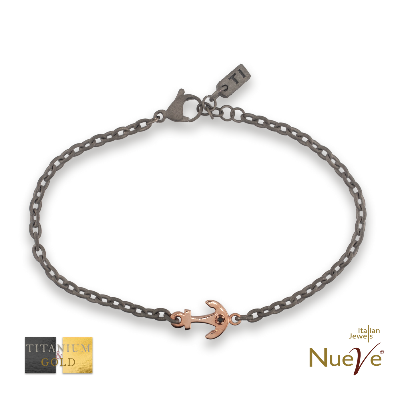 Bracciale Titanio e Oro 9 kt con diamanti neri * Ancora * - NUEVE GIOIELLI