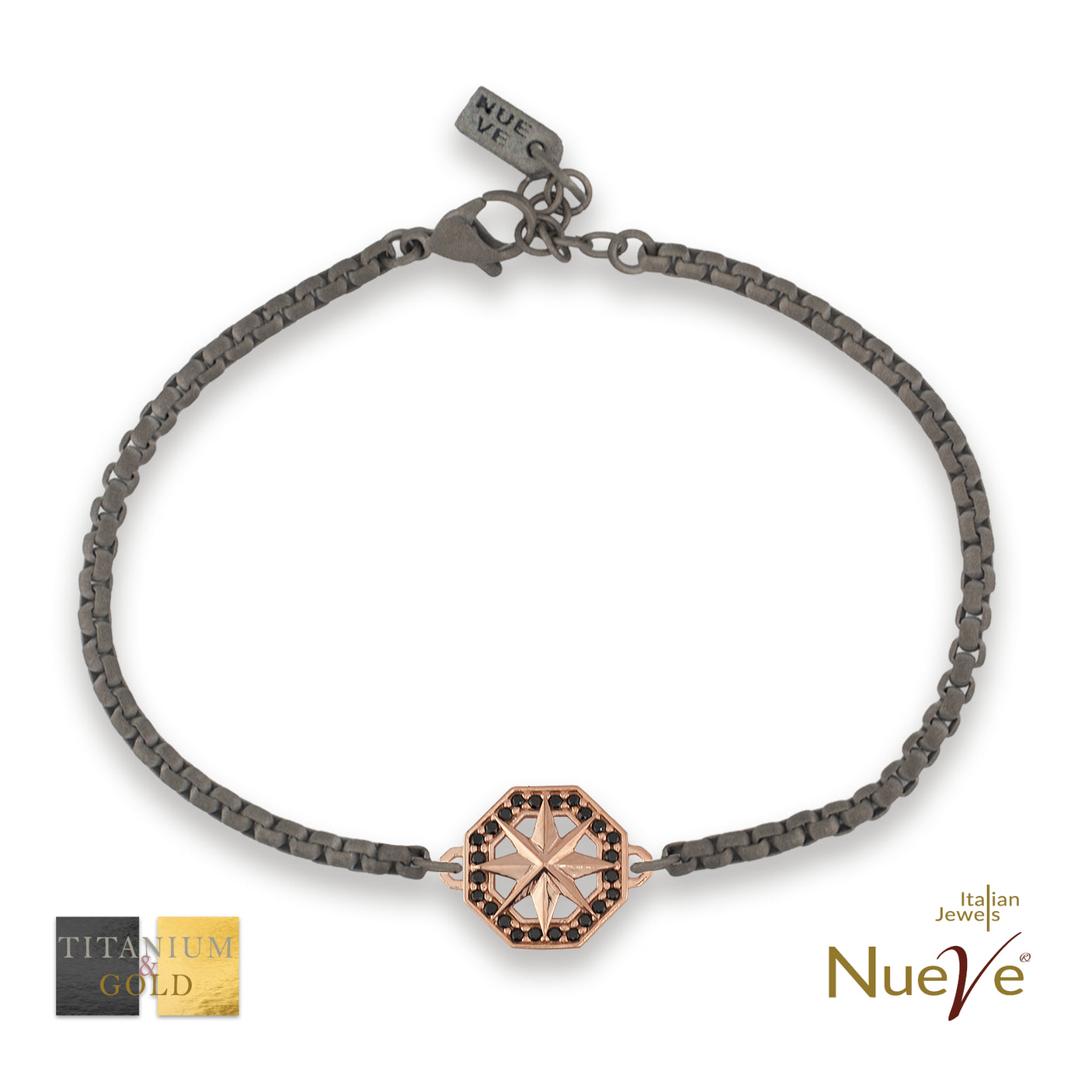 Bracciale Titanio e Oro 9 kt con diamanti neri * La rosa dei venti * - NUEVE GIOIELLI