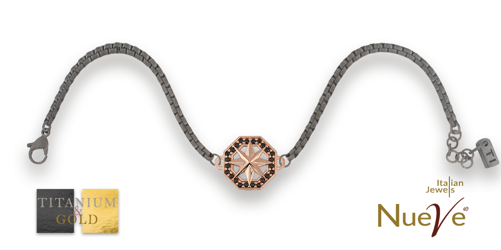 Bracciale Titanio e Oro 9 kt con diamanti neri * La rosa dei venti * - NUEVE GIOIELLI