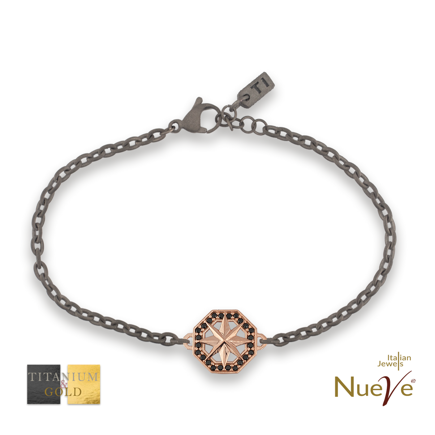 Bracciale Titanio e Oro 9 kt con diamanti neri * La rosa dei venti * - NUEVE GIOIELLI