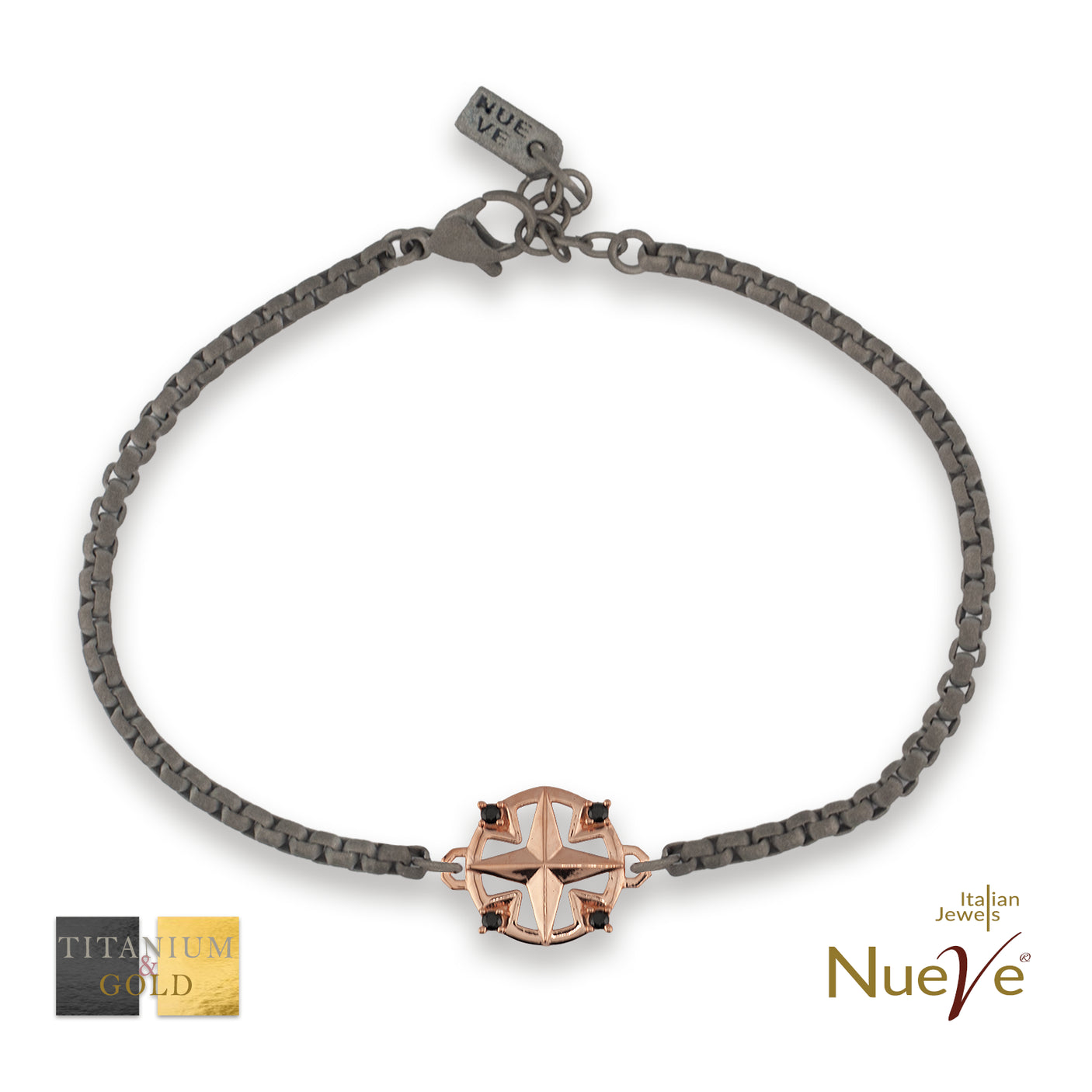 Bracciale Titanio e Oro 9 kt con diamanti neri * La rosa dei venti * - NUEVE GIOIELLI