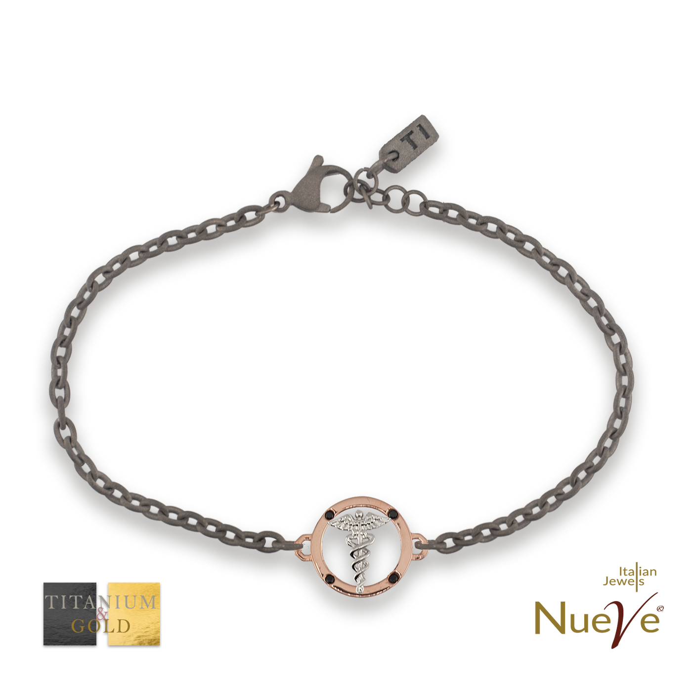 Bracciale Titanio e Oro 9 kt con diamanti neri * Laurea Farmacia "Il Caduceo" * - NUEVE GIOIELLI