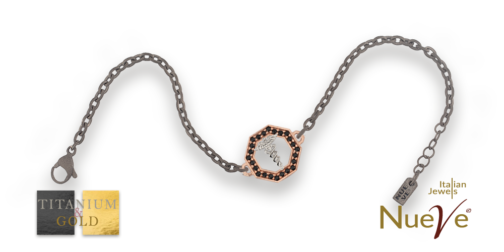 Bracciale Titanio e Oro 9 kt con diamanti neri * Laurea Farmacia "Il Caduceo" * - NUEVE GIOIELLI