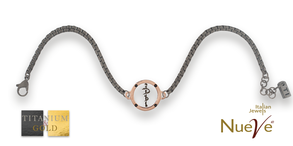 Bracciale Titanio e Oro 9 kt con diam.ti neri * Laurea Medicina " Bastone di Asclepio " * - NUEVE GIOIELLI