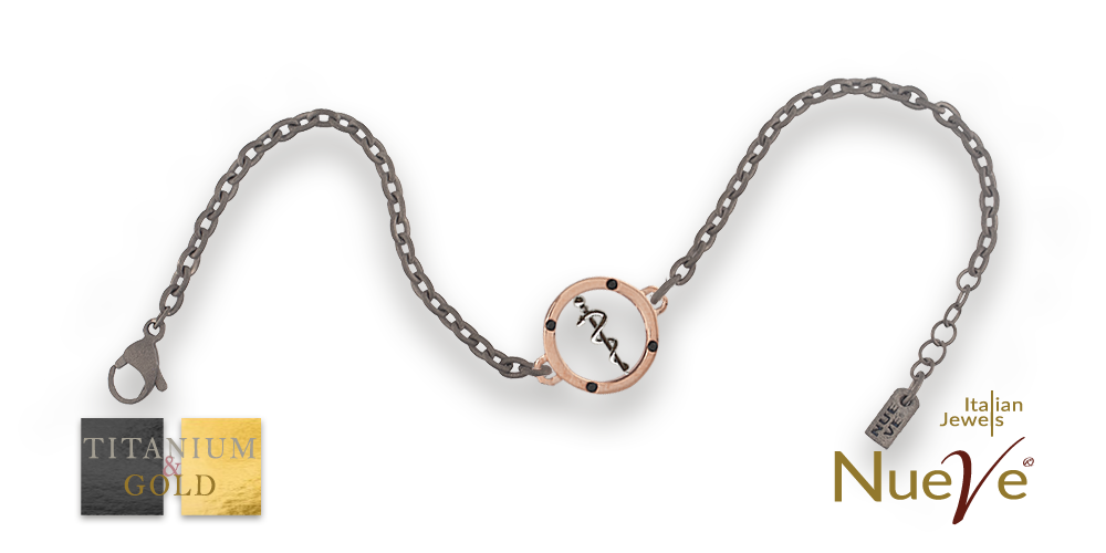 Bracciale Titanio e Oro 9 kt con diam.ti neri * Laurea Medicina " Bastone di Asclepio " * - NUEVE GIOIELLI