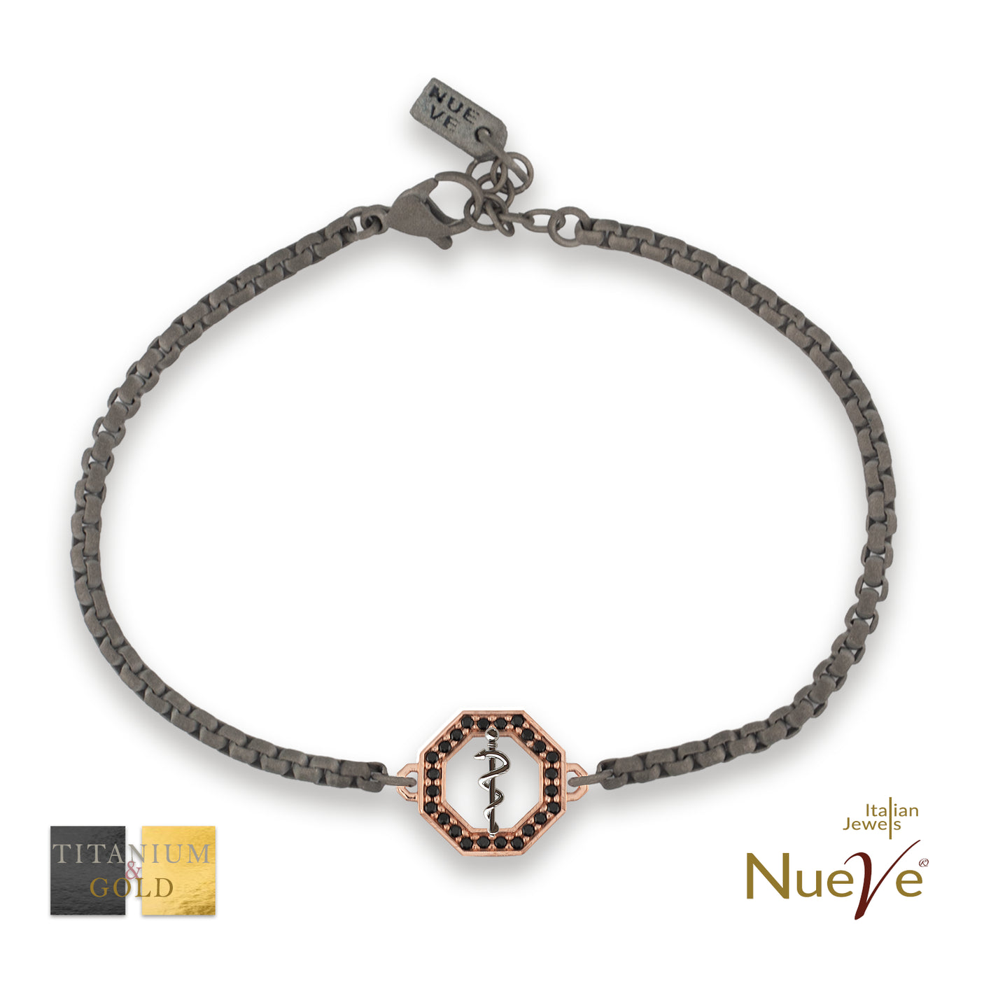 Bracciale Titanio e Oro 9 kt con diam.ti neri * Laurea Medicina " Bastone di Asclepio " * - NUEVE GIOIELLI