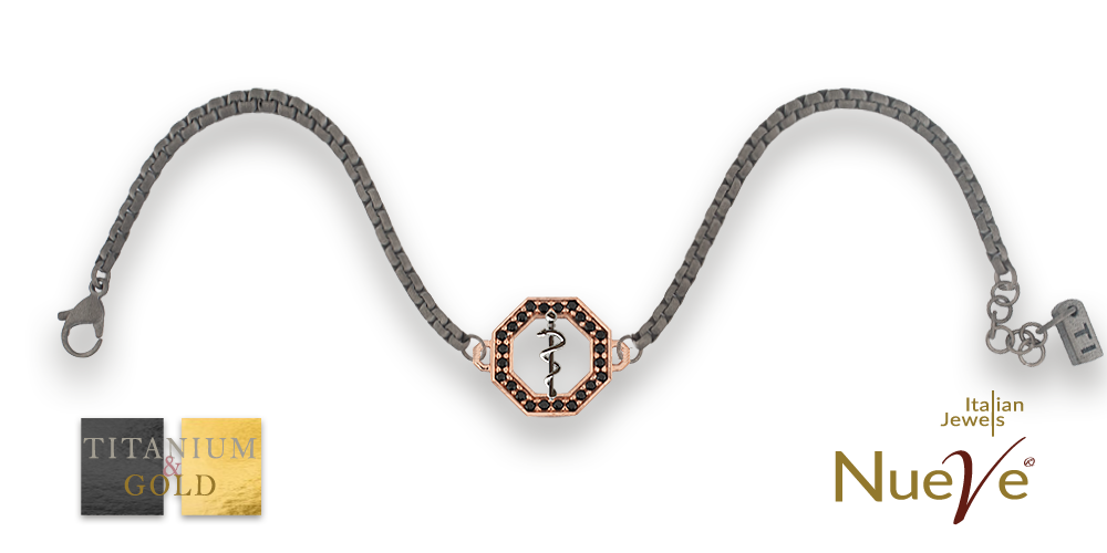Bracciale Titanio e Oro 9 kt con diam.ti neri * Laurea Medicina " Bastone di Asclepio " * - NUEVE GIOIELLI