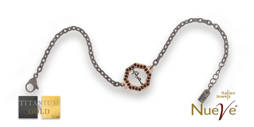 Bracciale Titanio e Oro 9 kt con diam.ti neri * Laurea Medicina " Bastone di Asclepio " * - NUEVE GIOIELLI