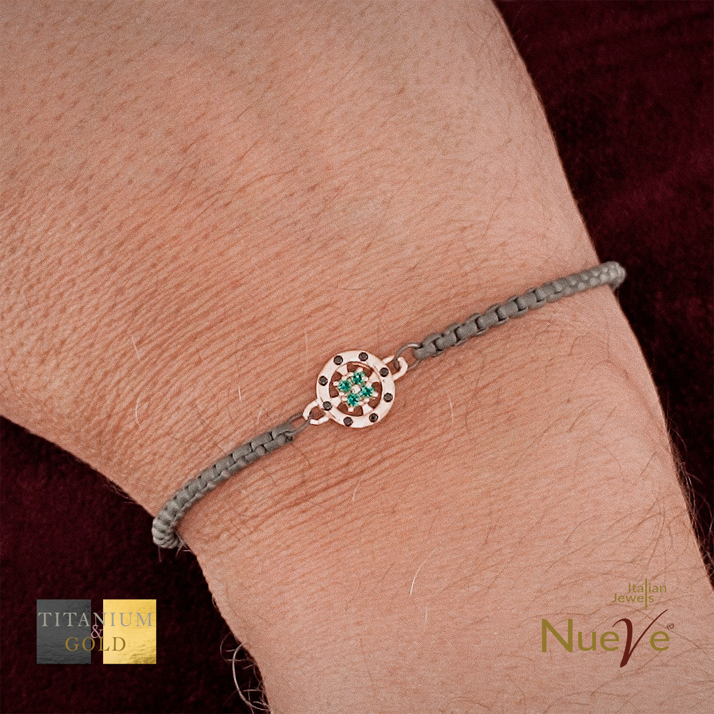 Bracciale Titanio e Oro 9 kt con diam.ti neri e Smeraldi * Luce Preziosa* - NUEVE GIOIELLI