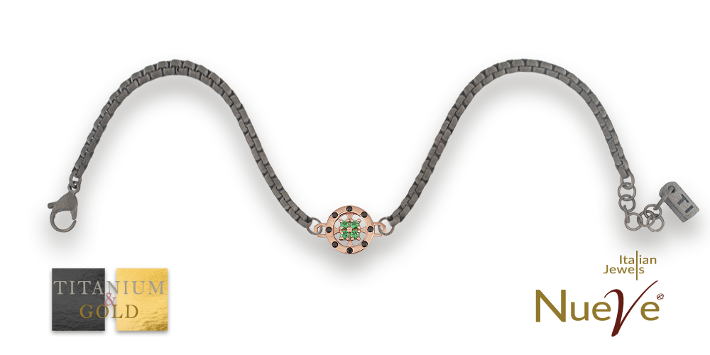 Bracciale Titanio e Oro 9 kt con diam.ti neri e Smeraldi * Luce Preziosa* - NUEVE GIOIELLI