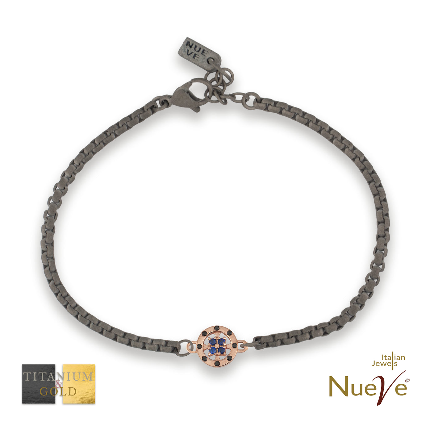 Bracciale Titanio e Oro 9 kt con diam.ti neri e Zaffiri * Luce Preziosa* - NUEVE GIOIELLI