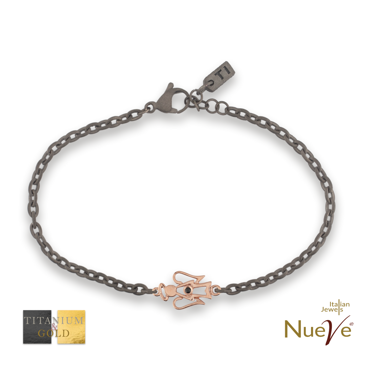 Bracciale Titanio e Oro 9 kt con diam.ti neri * Angioletto * - NUEVE GIOIELLI