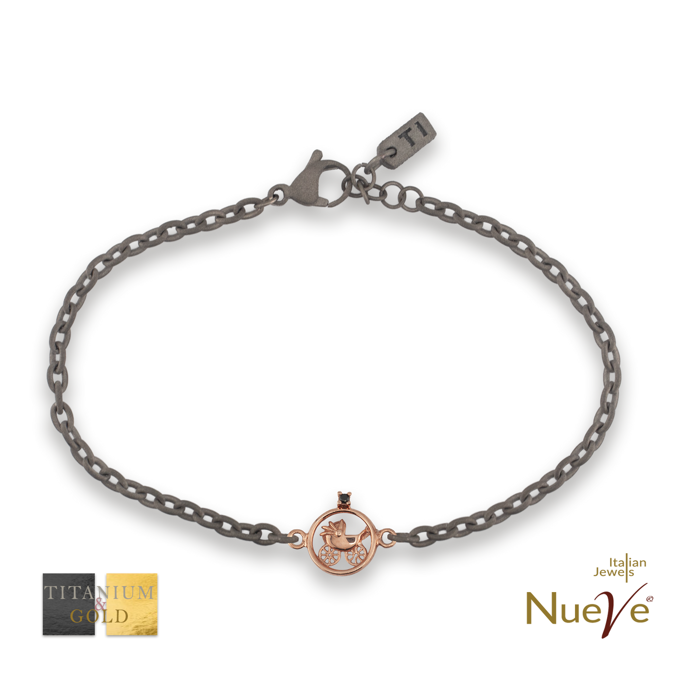 Bracciale Titanio e Oro 9 kt con diam.ti neri * Passeggino * - NUEVE GIOIELLI