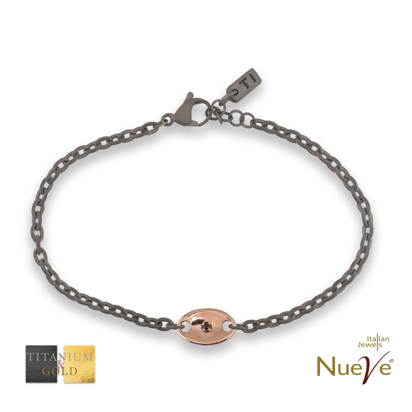 Bracciale Titanio e Oro 9 kt con diam.ti neri * Nautica * - NUEVE GIOIELLI