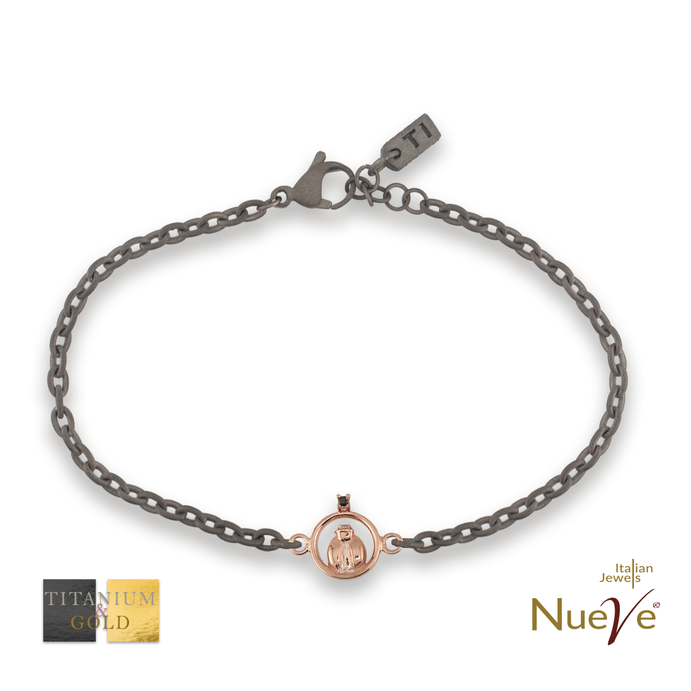 Bracciale Titanio e Oro 9 kt con diam.ti neri * Fortuna "Coccinella" * - NUEVE GIOIELLI
