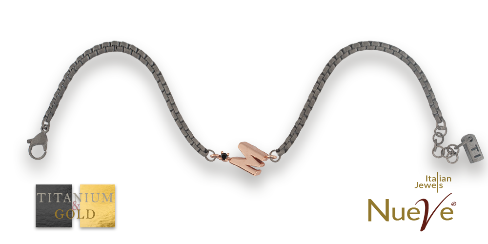 Bracciale Titanio e Oro 9 kt con diam.ti neri * Lettere 3D * - NUEVE GIOIELLI
