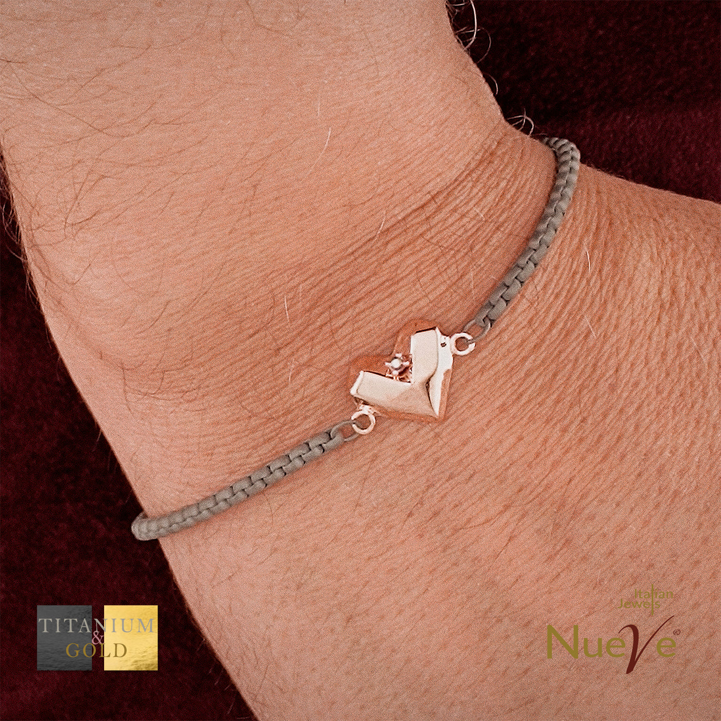 Bracciale Titanio e Oro 9 kt con diam.ti neri * Cuore * - NUEVE GIOIELLI