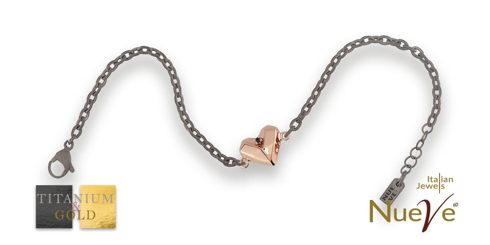Bracciale Titanio e Oro 9 kt con diam.ti neri * Cuore * - NUEVE GIOIELLI