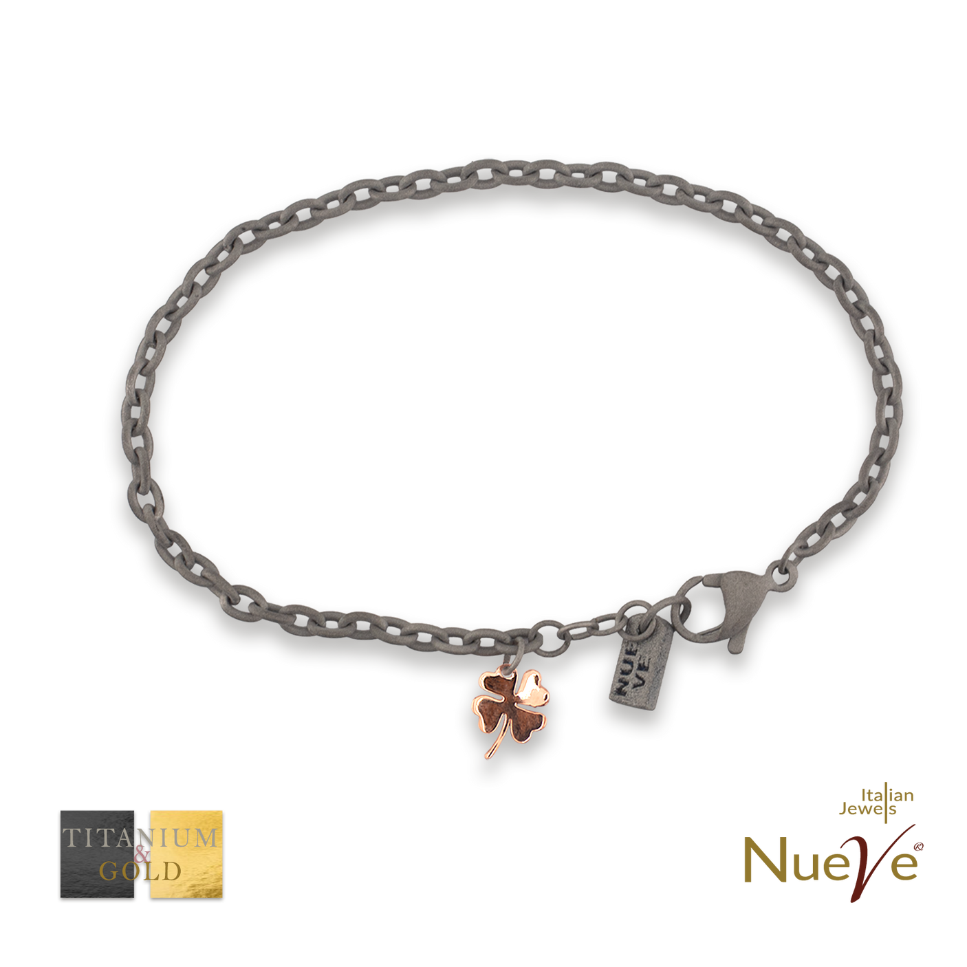 Bracciale Titanio e Oro 9 kt * Charms "Quadrifoglio" * - NUEVE GIOIELLI
