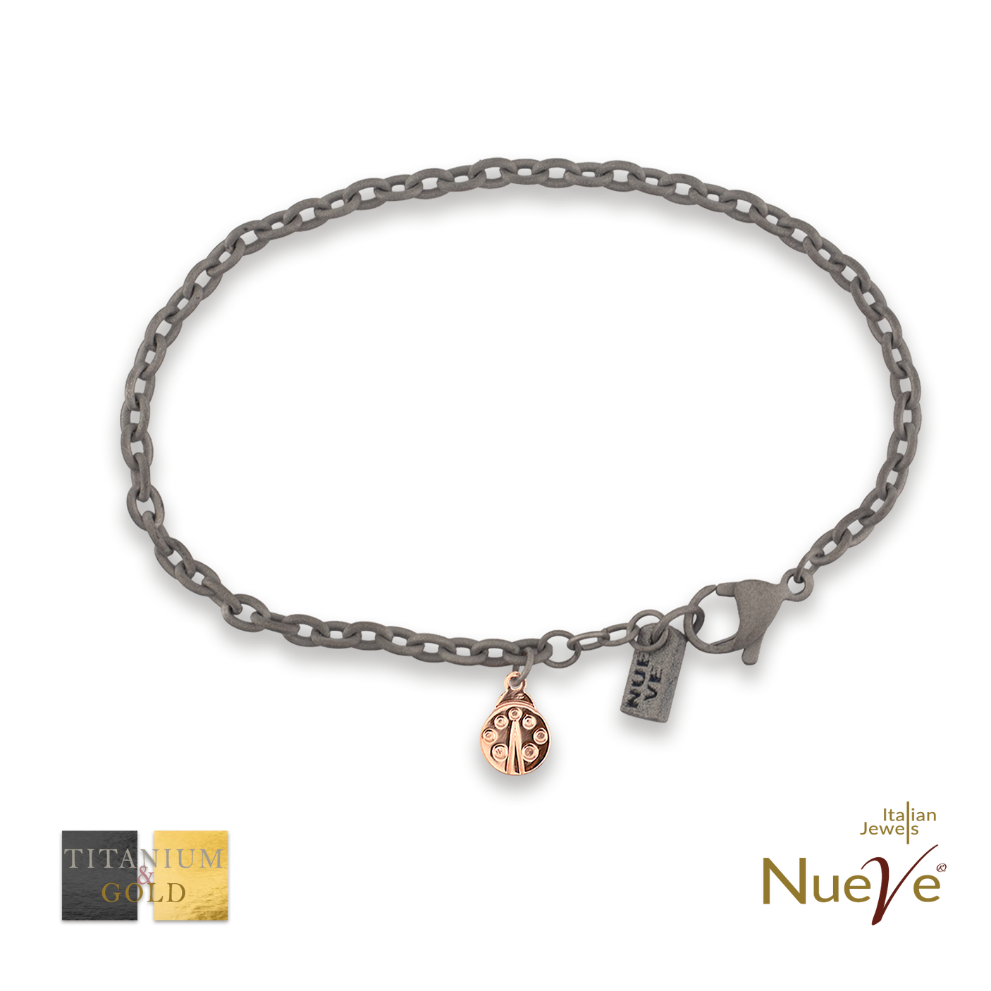Bracciale Titanio e Oro 9 kt * Charms "Coccinella" * - NUEVE GIOIELLI