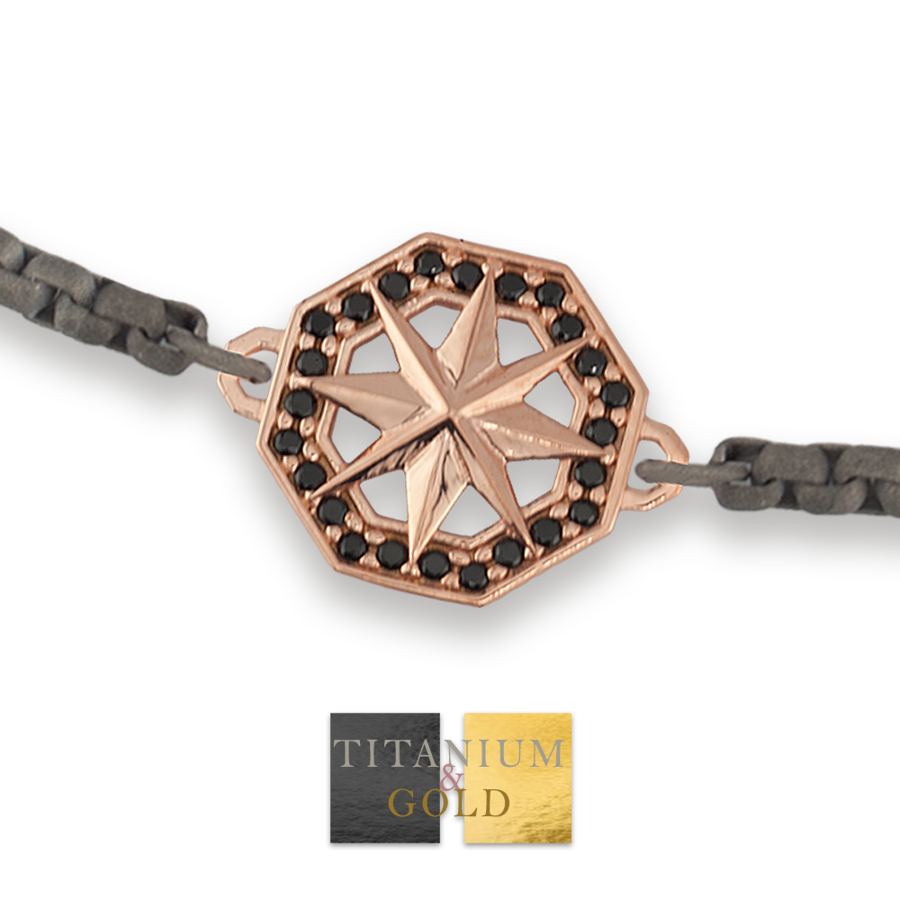 Bracciale Titanio e Oro 9 kt con diamanti neri * La rosa dei venti * - NUEVE GIOIELLI