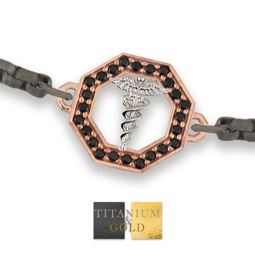 Bracciale Titanio e Oro 9 kt con diamanti neri * Laurea Farmacia "Il Caduceo" * - NUEVE GIOIELLI