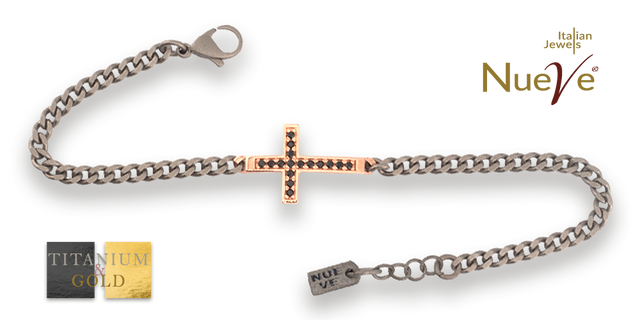 Bracciale Titanio e Oro 9 kt con diamanti neri "CROCE" - NUEVE GIOIELLI