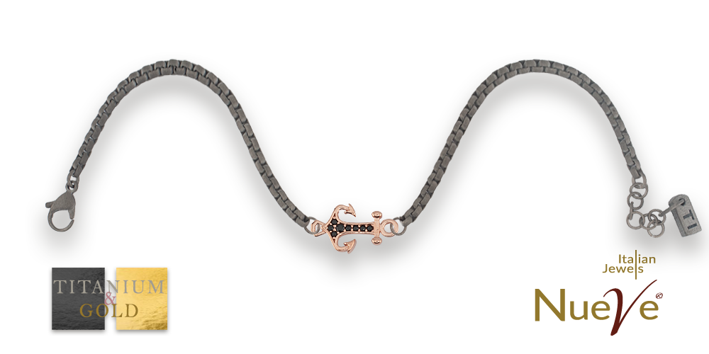 Bracciale Titanio e Oro 9 kt con diamanti neri * Ancora * - NUEVE GIOIELLI