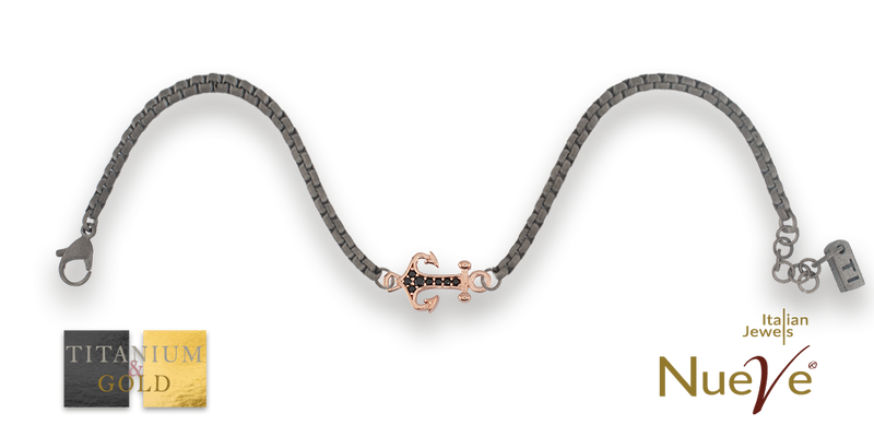 Bracciale Titanio e Oro 9 kt con diamanti neri * Ancora * - NUEVE GIOIELLI