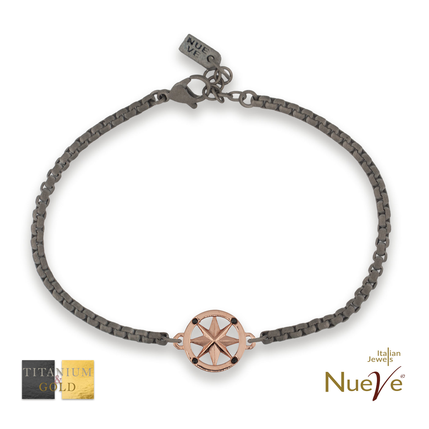 Bracciale Titanio e Oro 9 kt con diamanti neri * La rosa dei venti * - NUEVE GIOIELLI