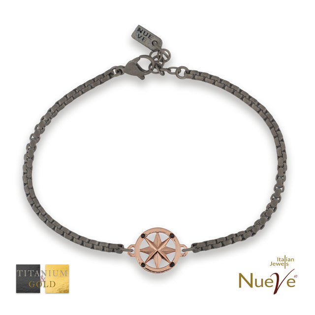 Bracciale Titanio e Oro 9 kt con diamanti neri * La rosa dei venti * - NUEVE GIOIELLI