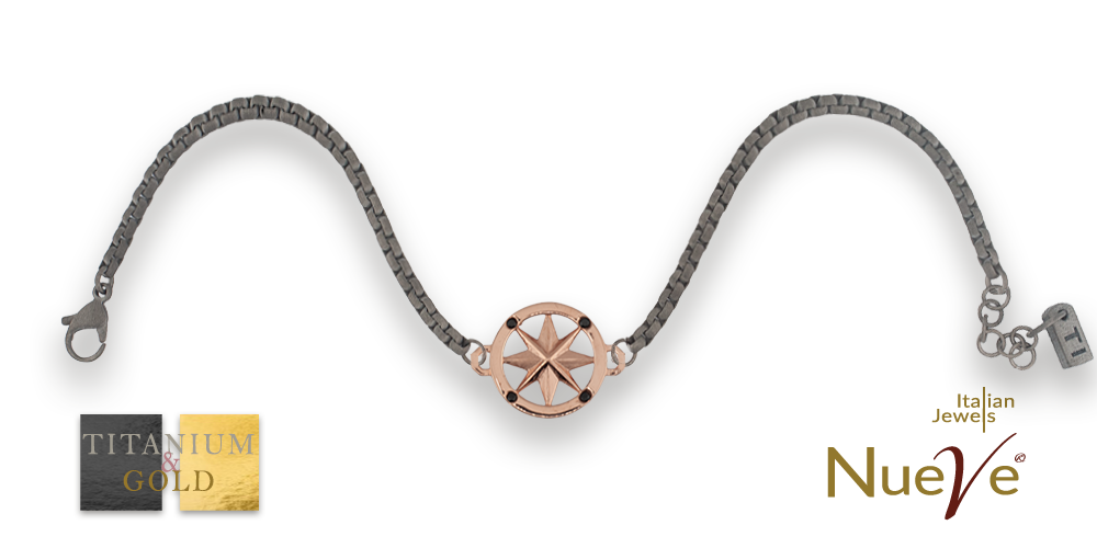 Bracciale Titanio e Oro 9 kt con diamanti neri * La rosa dei venti * - NUEVE GIOIELLI