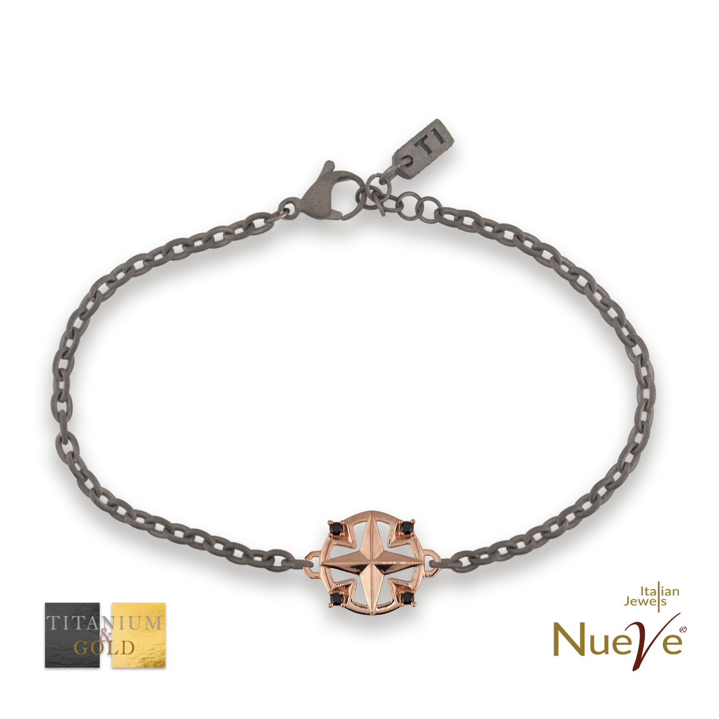 Bracciale Titanio e Oro 9 kt con diamanti neri * La rosa dei venti * - NUEVE GIOIELLI