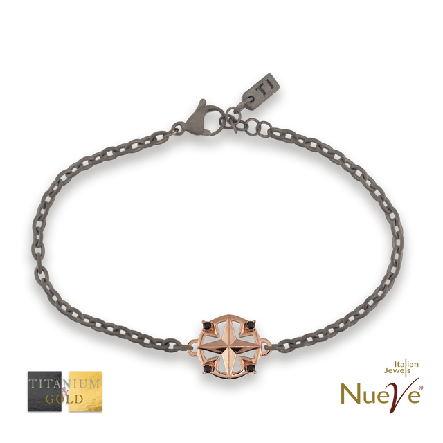 Bracciale Titanio e Oro 9 kt con diamanti neri * La rosa dei venti * - NUEVE GIOIELLI