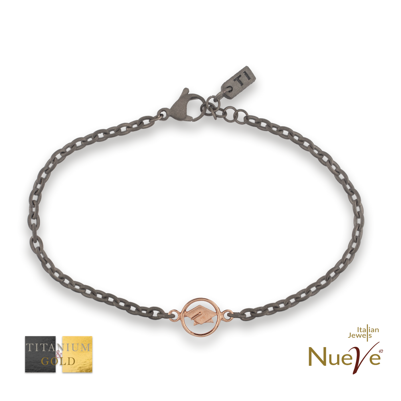 Bracciale Titanio e Oro 9 kt * Cappellino Laurea * - NUEVE GIOIELLI