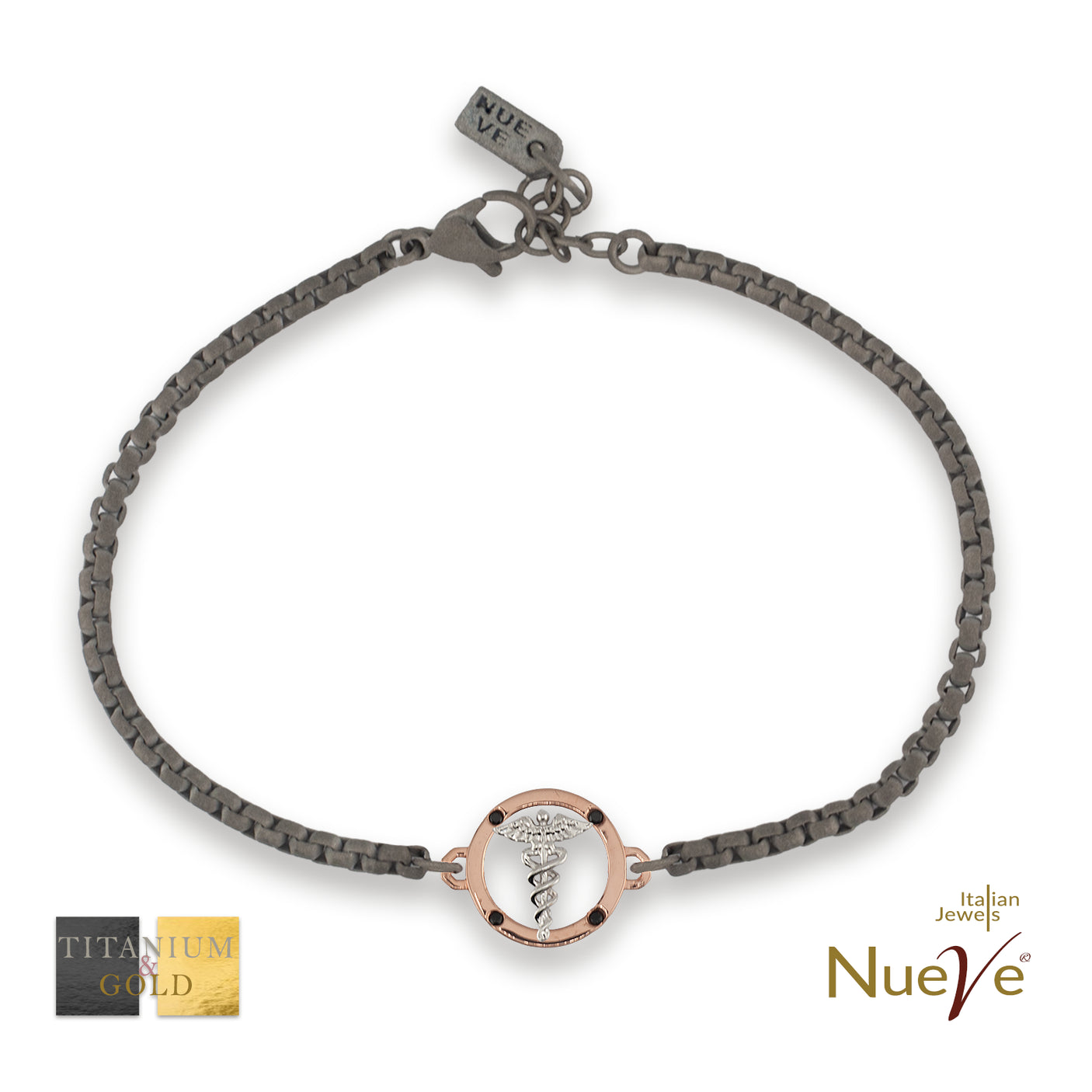 Bracciale Titanio e Oro 9 kt con diamanti neri * Laurea Farmacia "Il Caduceo" * - NUEVE GIOIELLI