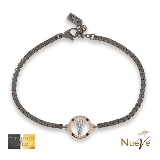 Bracciale Titanio e Oro 9 kt con diamanti neri * Laurea Farmacia "Il Caduceo" * - NUEVE GIOIELLI