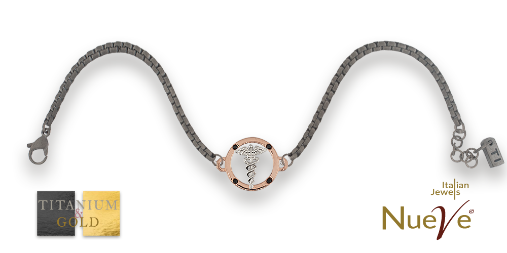 Bracciale Titanio e Oro 9 kt con diamanti neri * Laurea Farmacia "Il Caduceo" * - NUEVE GIOIELLI