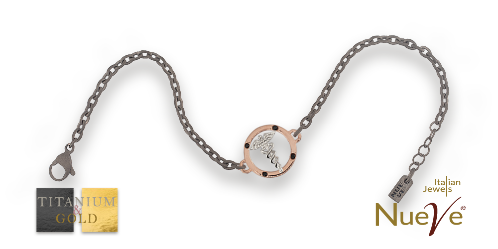 Bracciale Titanio e Oro 9 kt con diamanti neri * Laurea Farmacia "Il Caduceo" * - NUEVE GIOIELLI