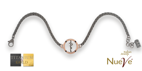 Bracciale Titanio e Oro 9 kt con diam.ti neri * Laurea Medicina " Bastone di Asclepio " * - NUEVE GIOIELLI