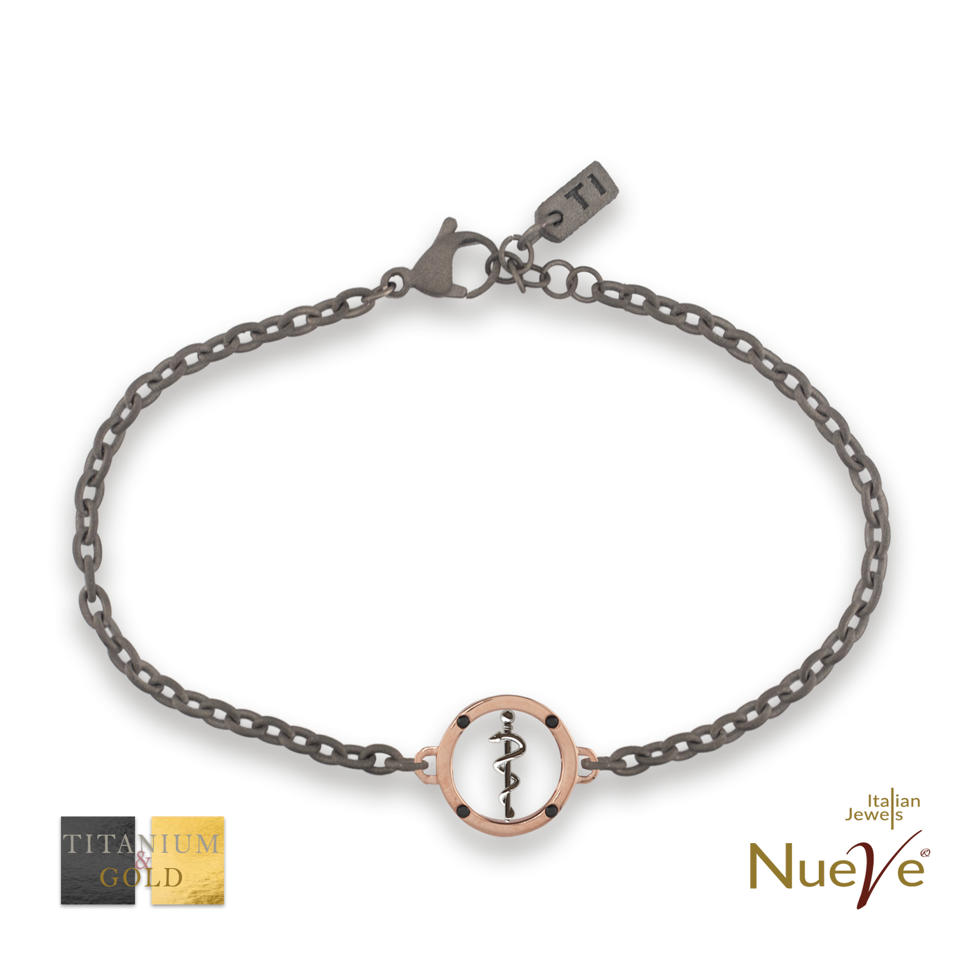 Bracciale Titanio e Oro 9 kt con diam.ti neri * Laurea Medicina " Bastone di Asclepio " * - NUEVE GIOIELLI