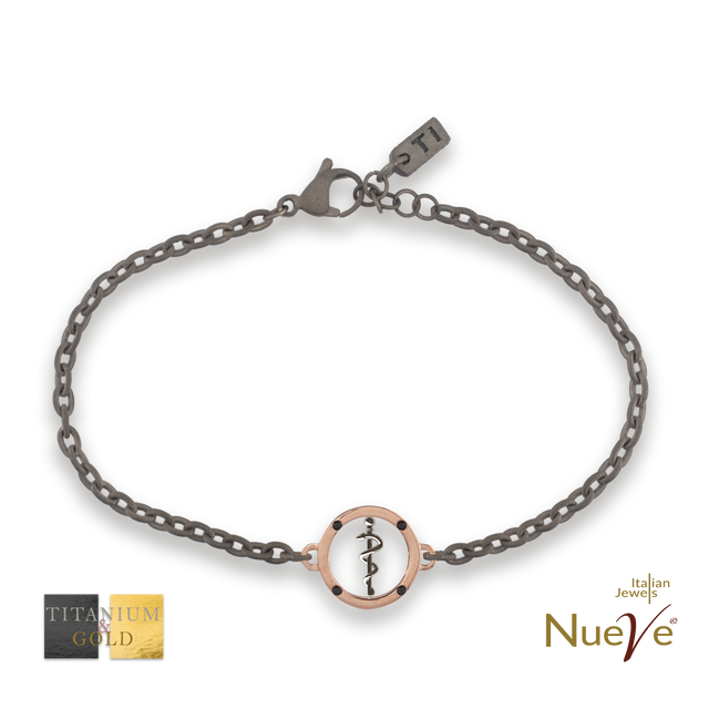 Bracciale Titanio e Oro 9 kt con diam.ti neri * Laurea Medicina " Bastone di Asclepio " * - NUEVE GIOIELLI