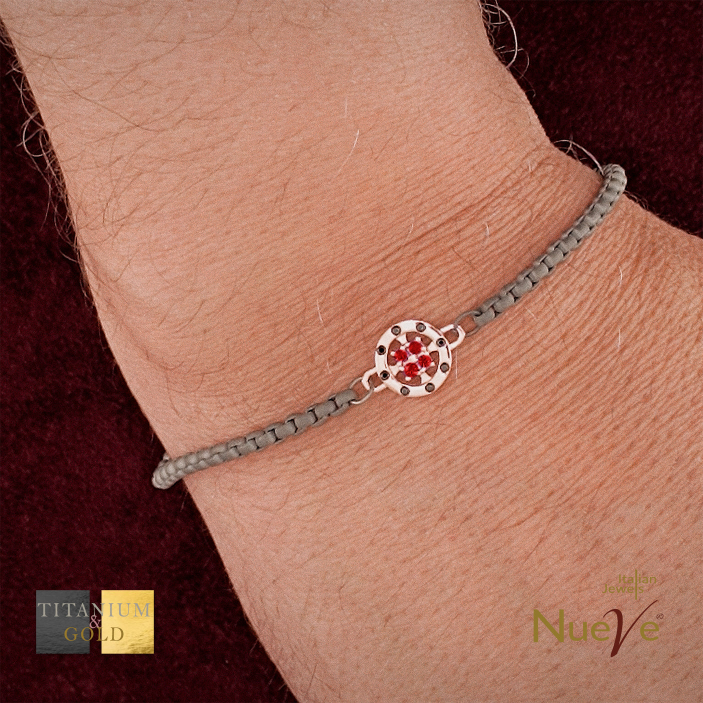 Bracciale Titanio e Oro 9 kt con diam.ti neri e Rubini * Luce Preziosa* - NUEVE GIOIELLI