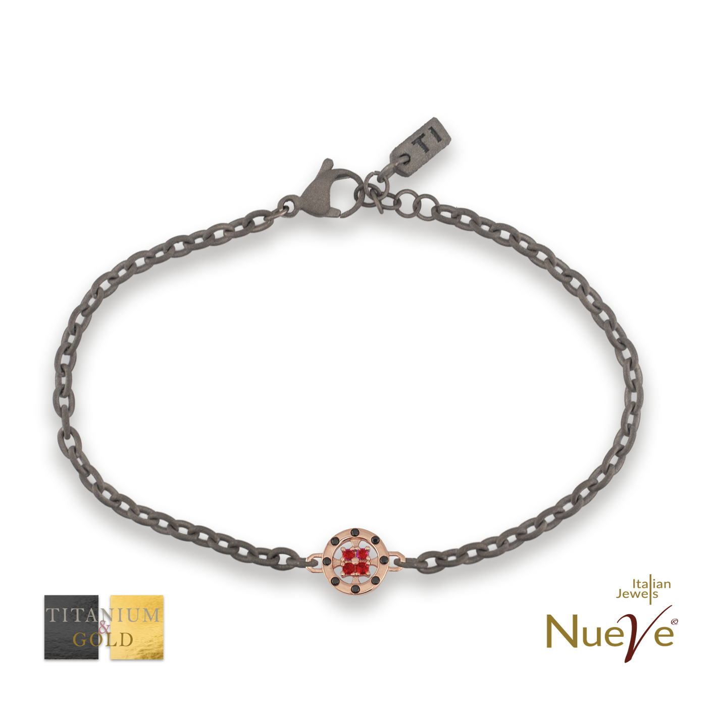 Bracciale Titanio e Oro 9 kt con diam.ti neri e Rubini * Luce Preziosa* - NUEVE GIOIELLI