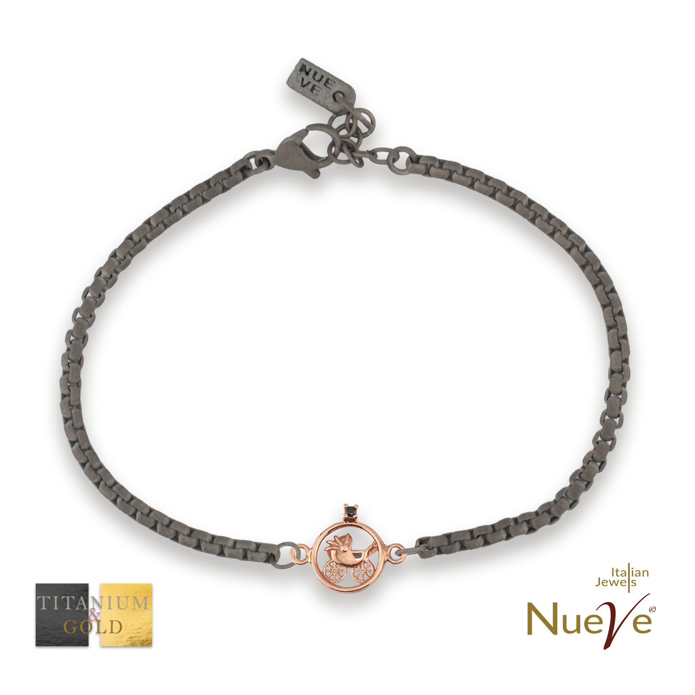 Bracciale Titanio e Oro 9 kt con diam.ti neri * Passeggino * - NUEVE GIOIELLI