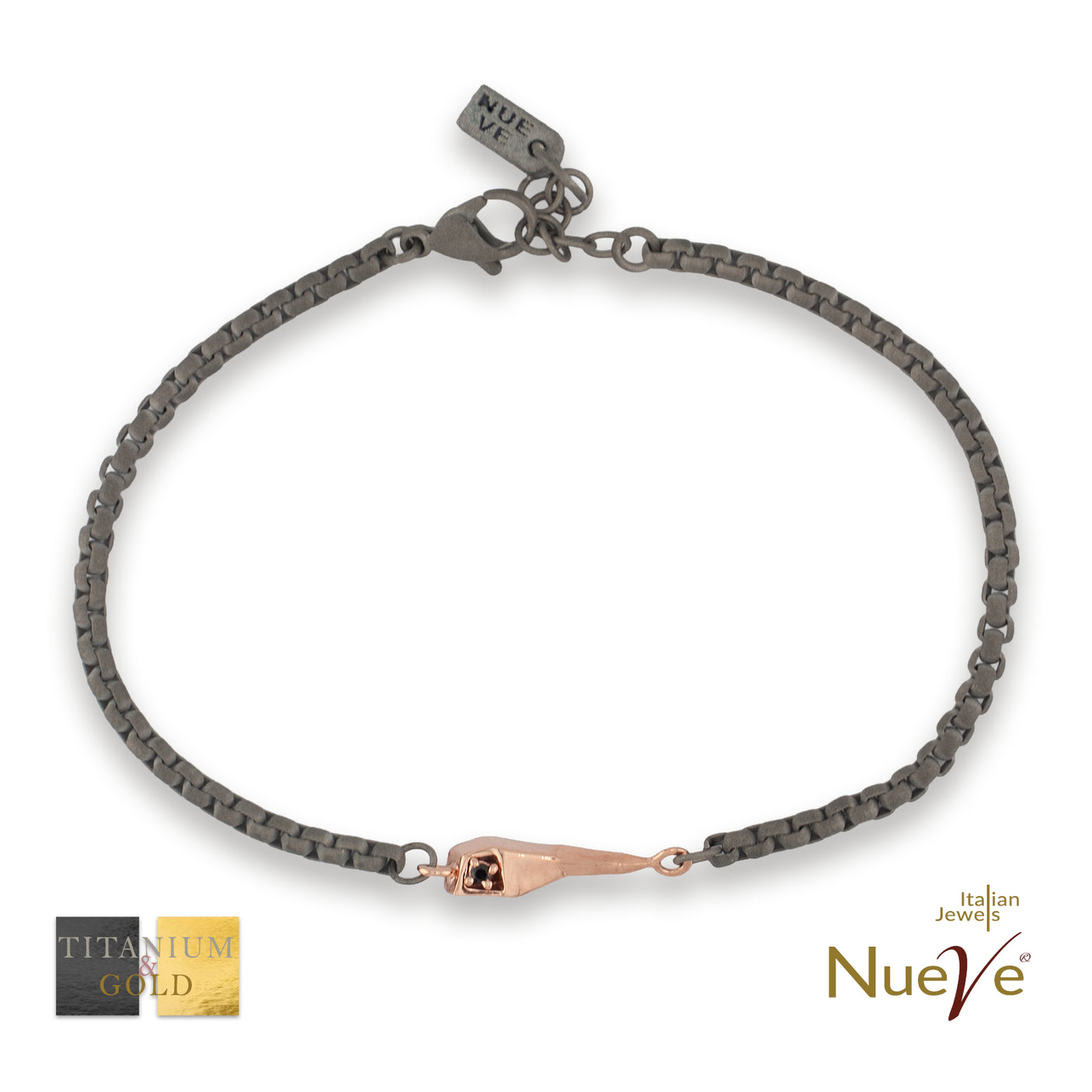 Bracciale Titanio e Oro 9 kt con diam.ti neri * Fortuna "Il cornetto" * - NUEVE GIOIELLI